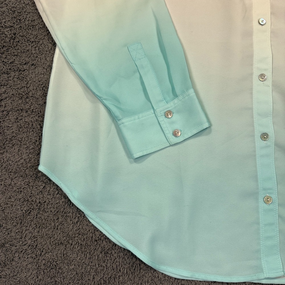 Chicos Shirt Women 3XL White Blue Ombre Coastal Sheer MOP Button Vacation Resort - Picture 4 of 16